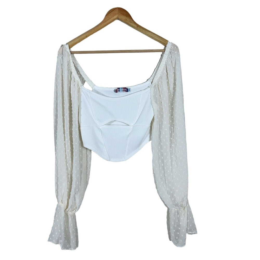 Urban Outfitters Swiss Dot Sleeve Ribbed Cutout Corset Crop Top White Size S